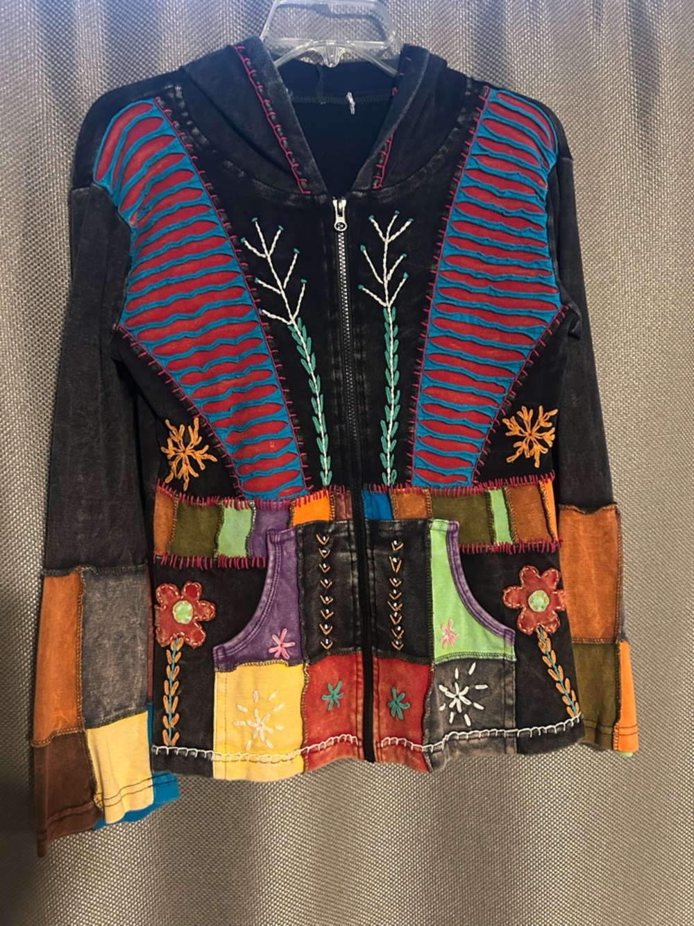 Bohemian Multi-Color Patchwork Zip Hoodie Jacket